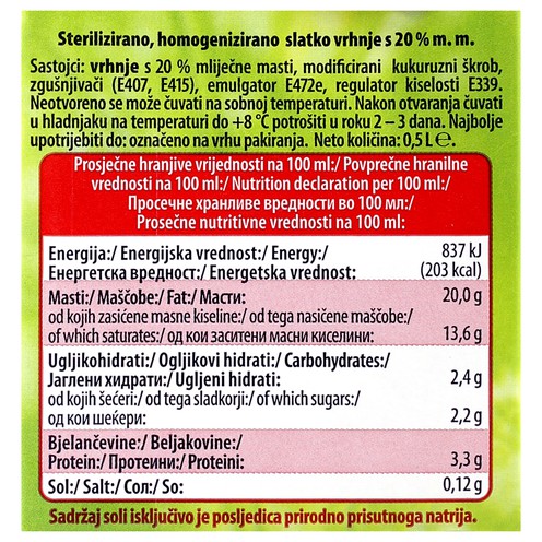 Vrhnje za kuhanje 20% m.m. 500 ml